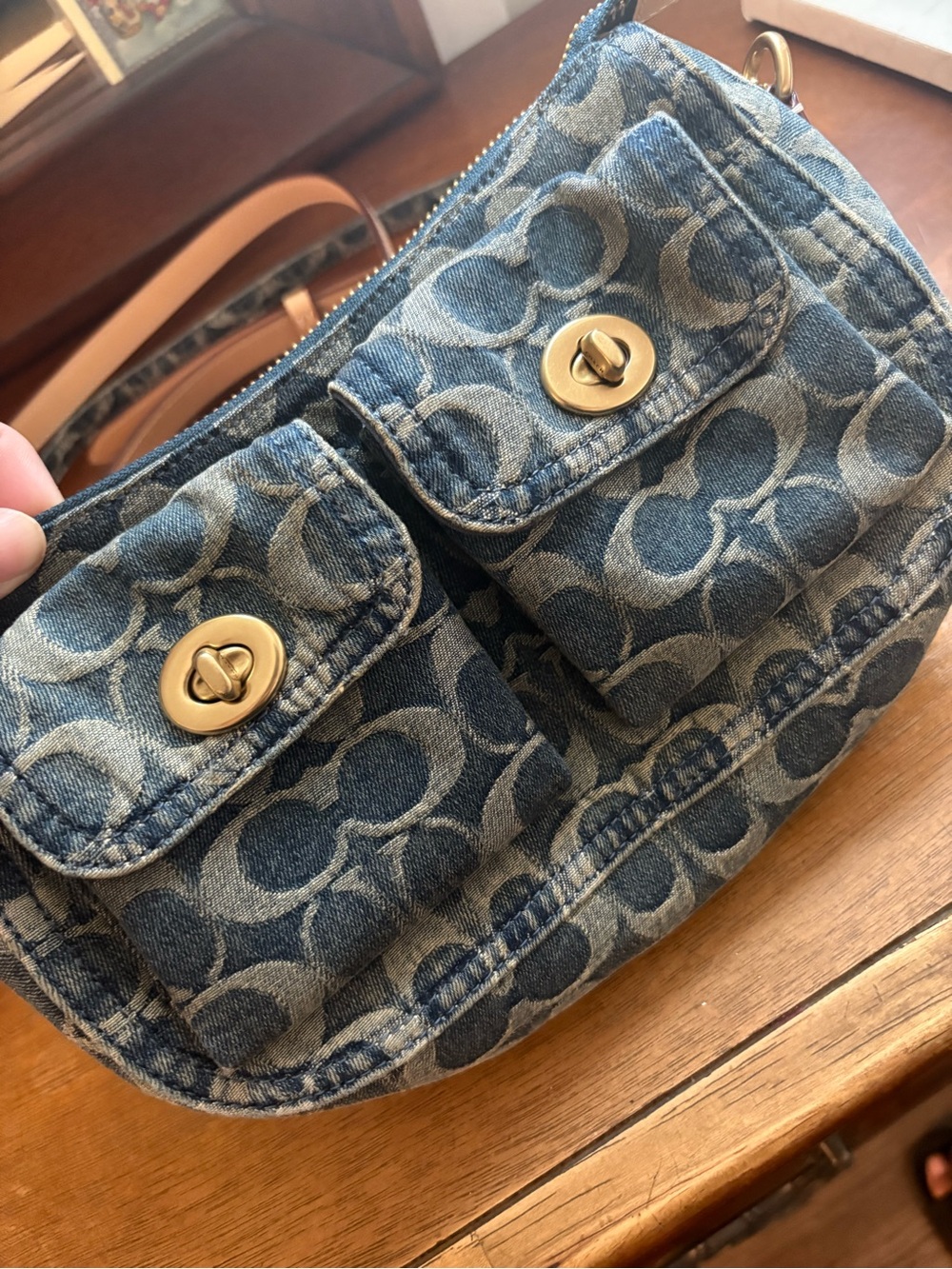 Coach Denim Signature Small Shoulder Bag in Blue Denim with Gold Hardware